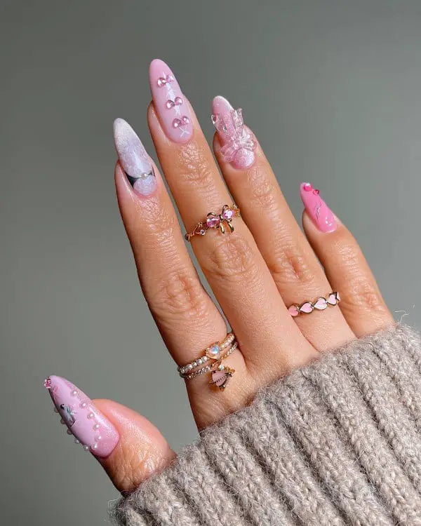 Long Almond Nails With 3D Pink Bows and Pearls — Classy Pink Almond Nails