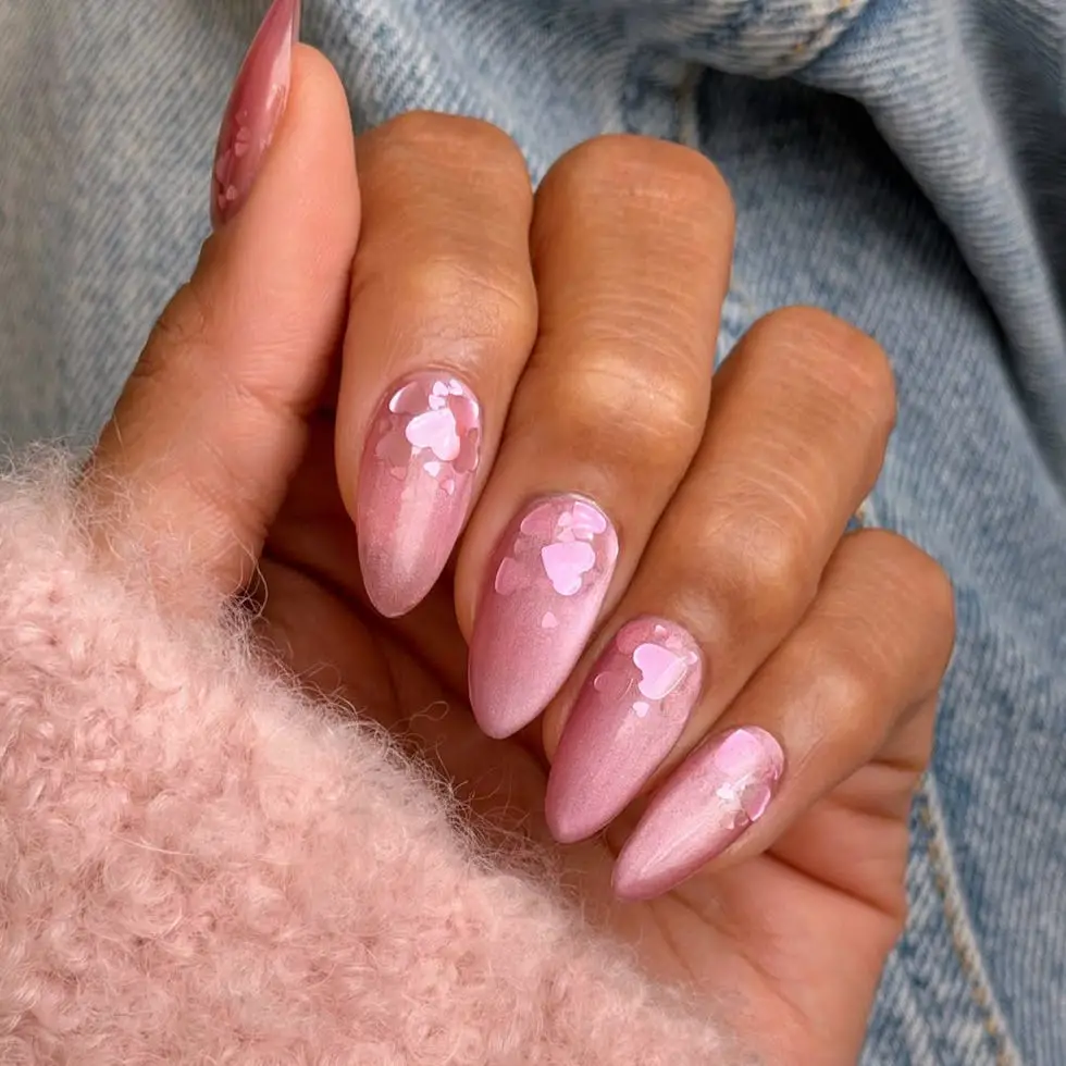 Shimmering Pink Jelly Almond Nails With Hearts — Classy Pink Almond Nails