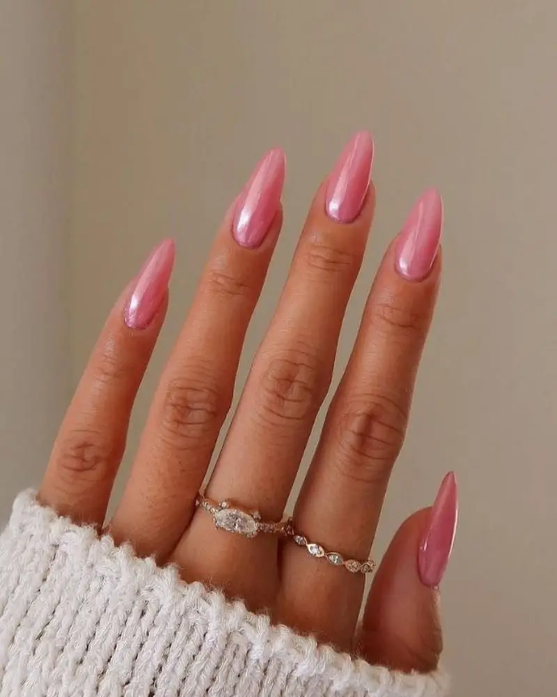 Light Pink Shimmer Medium Almond Nails — Classy Pink Almond Nails