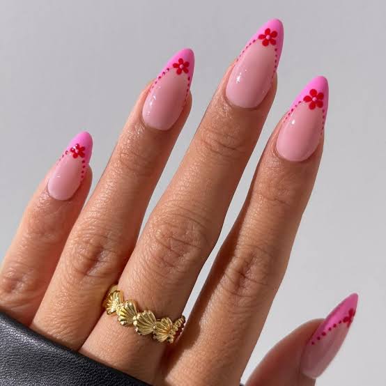 Pink French Tip Almond Nails With Floral Dots — Classy Pink Almond Nails