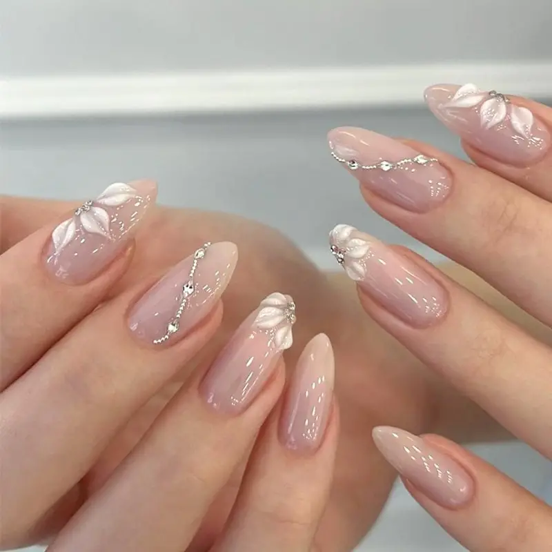 Sheer Nude Pink Almond Nails With Floral Accents — Classy Pink Almond Nails