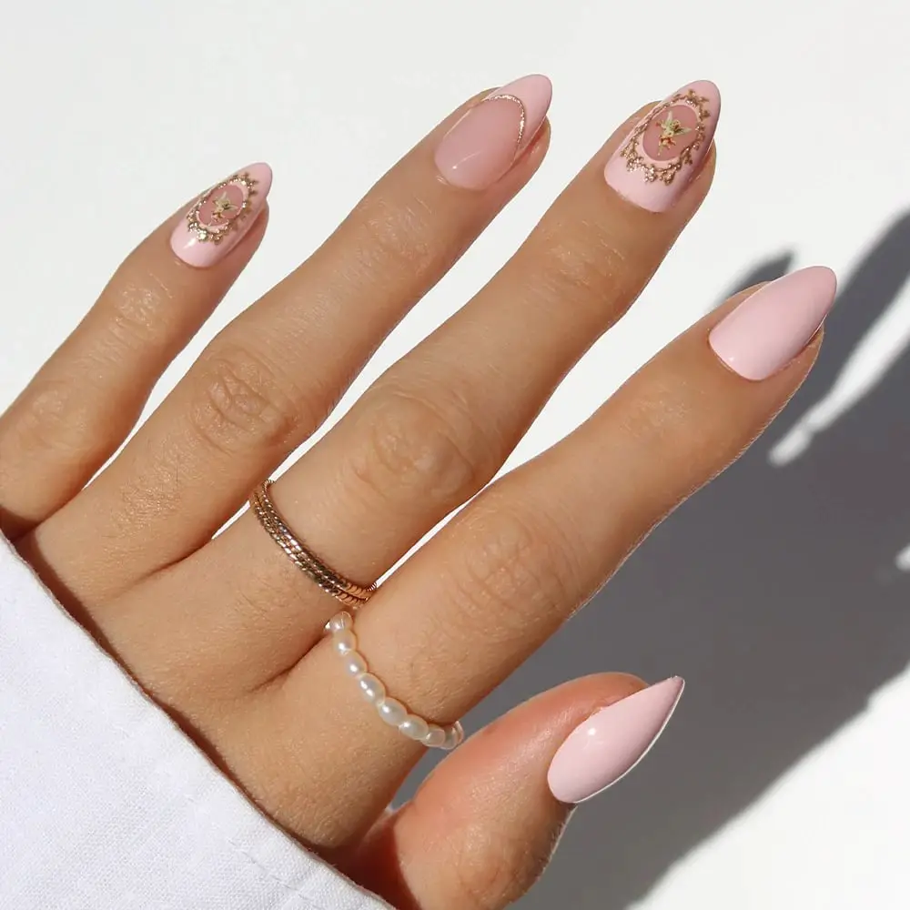 Soft Pink Almond Nails With Gold Line Art — Classy Pink Almond Nails