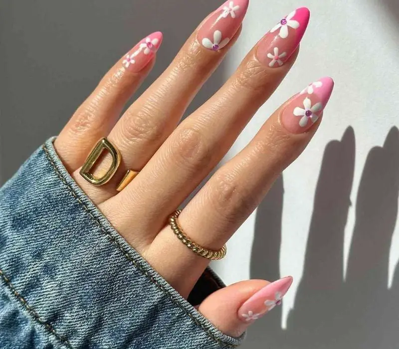 Bright Pink Almond Nails With White Flowers — Classy Pink Almond Nails