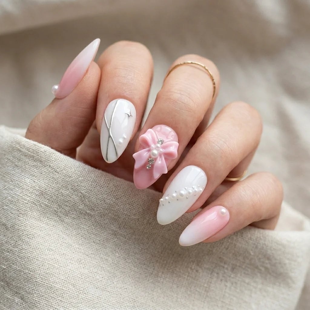 Mixed Design Medium Almond Nails With Pink Bow — Classy Pink Almond Nails