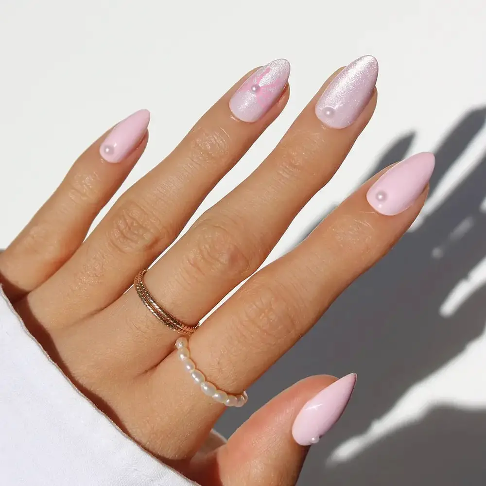 Soft Pink Shimmer Almond Nails With Pearls — Classy Pink Almond Nails