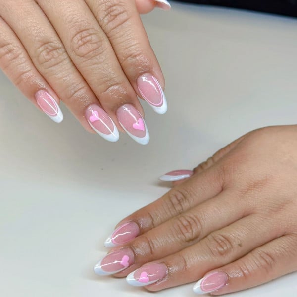 Sheer Pink French Almond Nails With Pink Hearts — Classy Pink Almond Nails