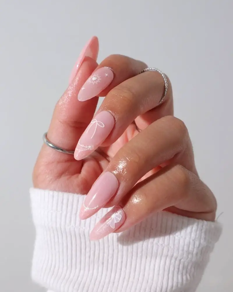 Long Almond Nails With White Line Art Motifs — Classy Pink Almond Nails