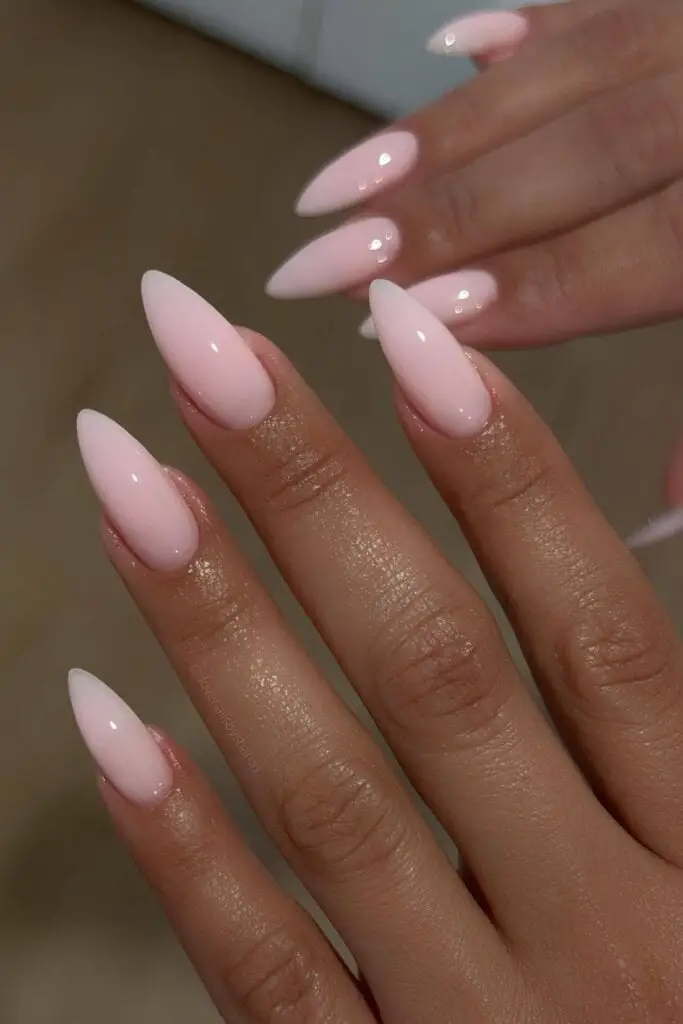 Pale Milky Pink Glossy Long Almond Nails — Classy Pink Almond Nails