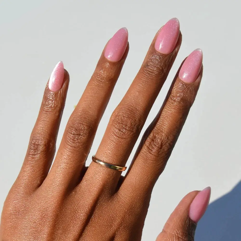 Short Almond Nails With Milky Pink Shimmer — Classy Pink Almond Nails