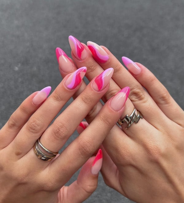 Long Almond Nails With Hot Pink Color Blocking — Classy Pink Almond Nails