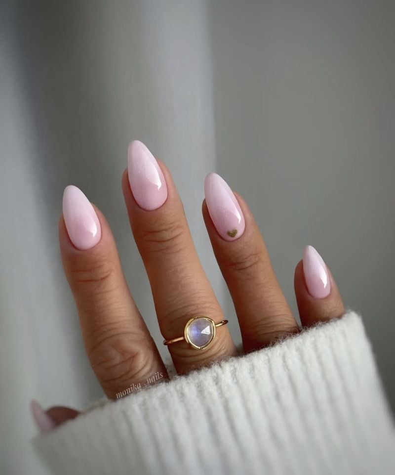 Soft Shimmery Pink Almond Nails With Gold Heart — Classy Pink Almond Nails