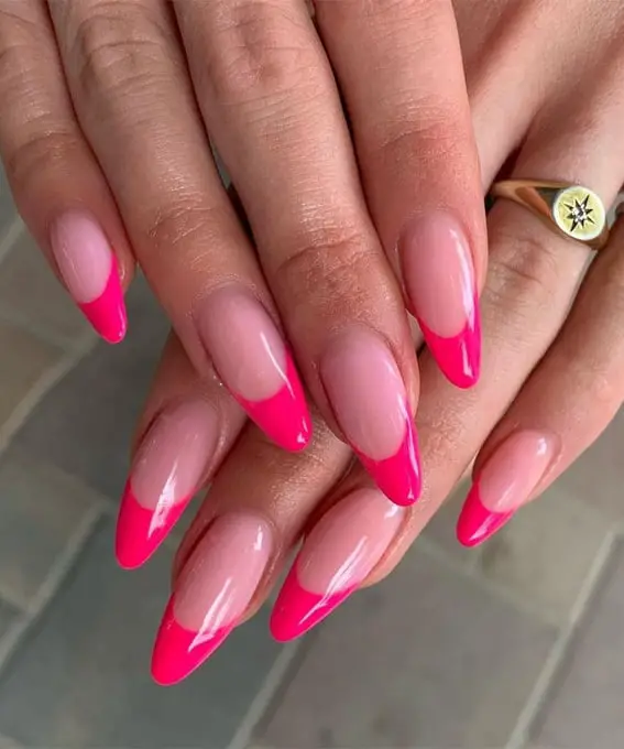 Long Almond French Nails With Hot Pink Tips — Classy Pink Almond Nails