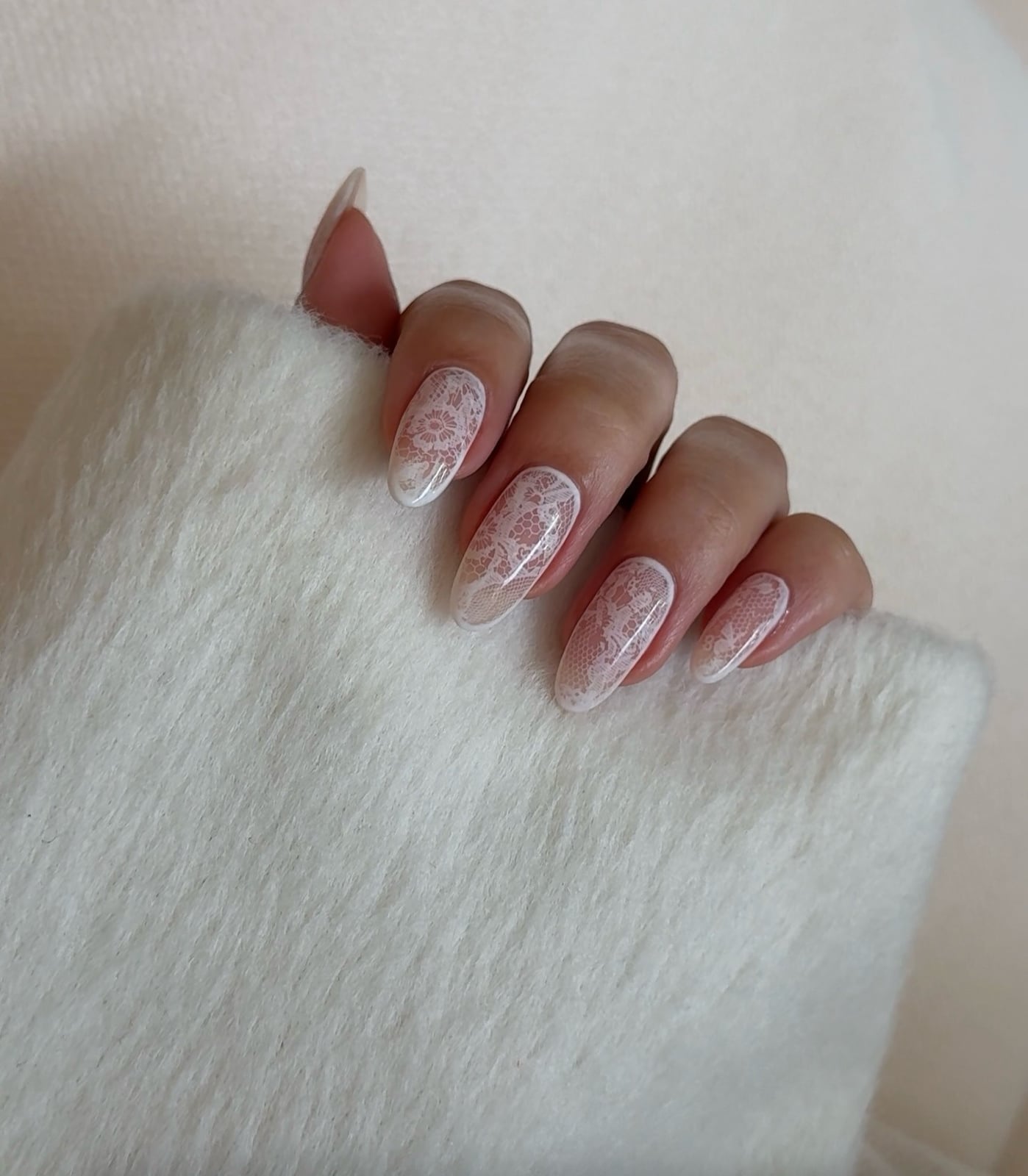 Medium Almond Nails With White Lace Pattern — Classy Pink Almond Nails
