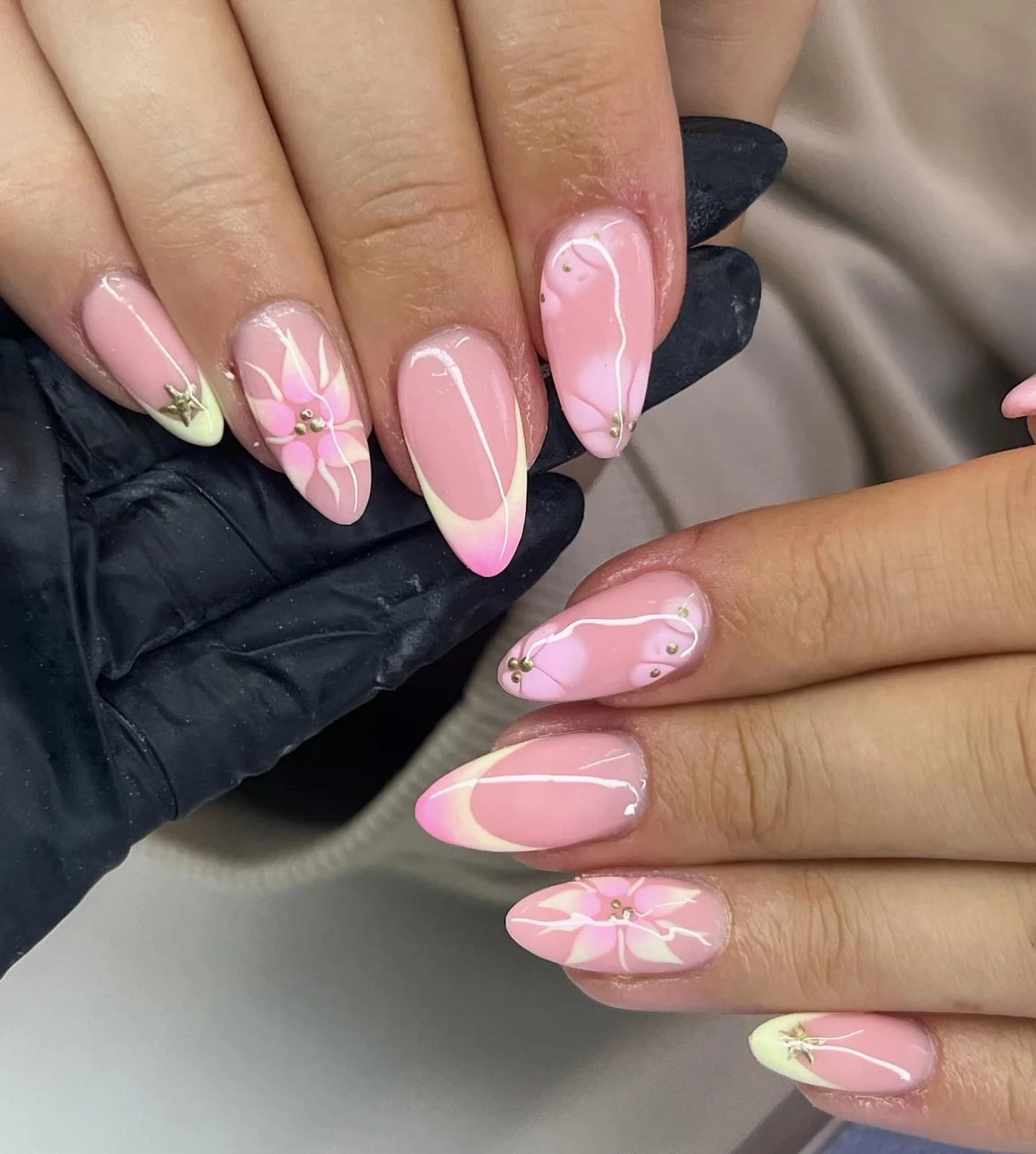 Pink Gradient French Almond Nails With Floral Accent — Classy Pink Almond Nails