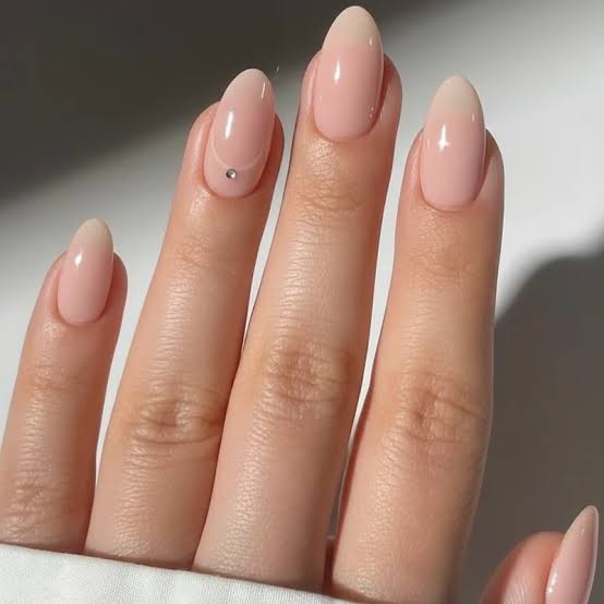 Milky Pink Almond Nails With Silver Rhinestone — Classy Pink Almond Nails