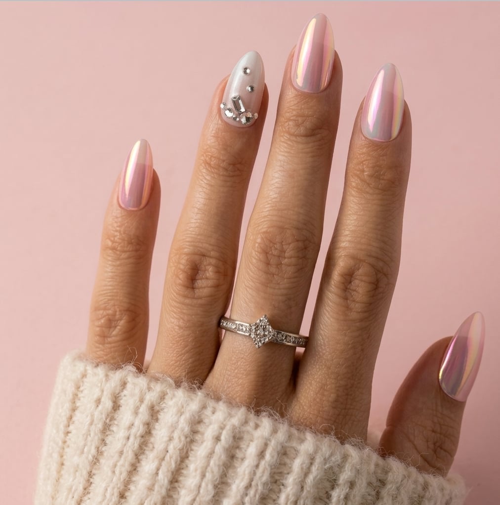 Iridescent Pink Chrome Almond Nails With Rhinestones — Classy Pink Almond Nails