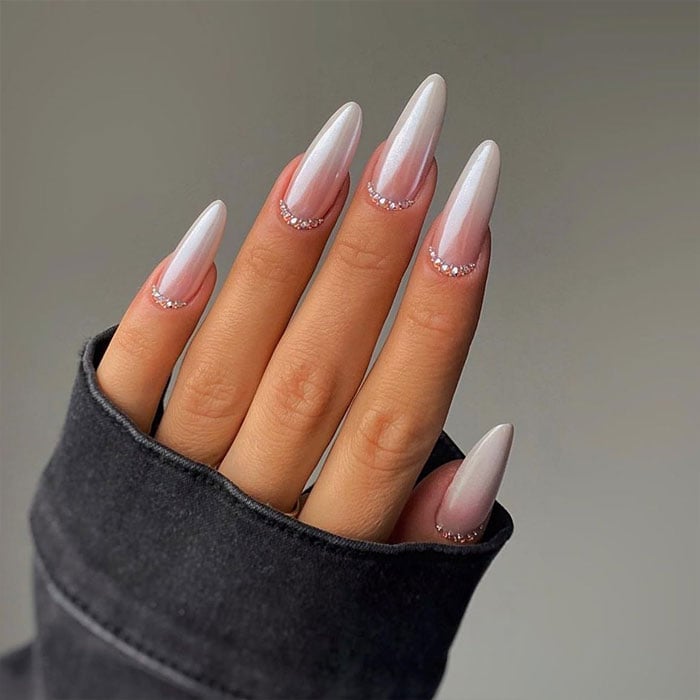 Long Almond Chrome Ombre Nails With Pearls — Classy Pink Almond Nails