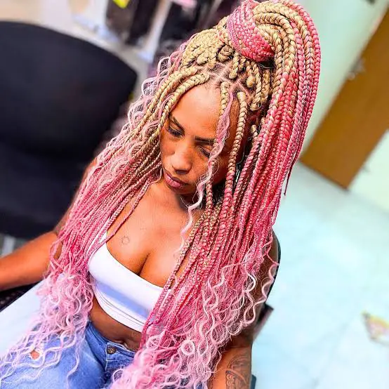 Mid-Back Pink And Blonde Ombré Braids With Top Knot Mid-Back Pink And Blonde Ombré Braids With Top Knot — Classy Pink Braids