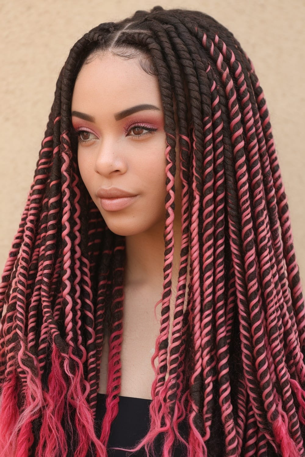 Mid-Back Twist Braids With Vibrant Pink Tips Mid-Back Twist Braids With Vibrant Pink Tips — Classy Pink Braids