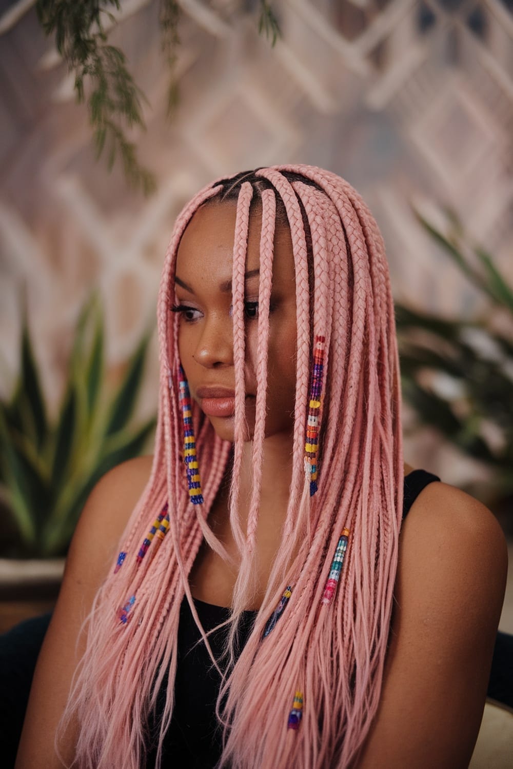 Mid-Back Pastel Pink Box Braids With Beads Mid-Back Pastel Pink Box Braids With Beads — Classy Pink Braids
