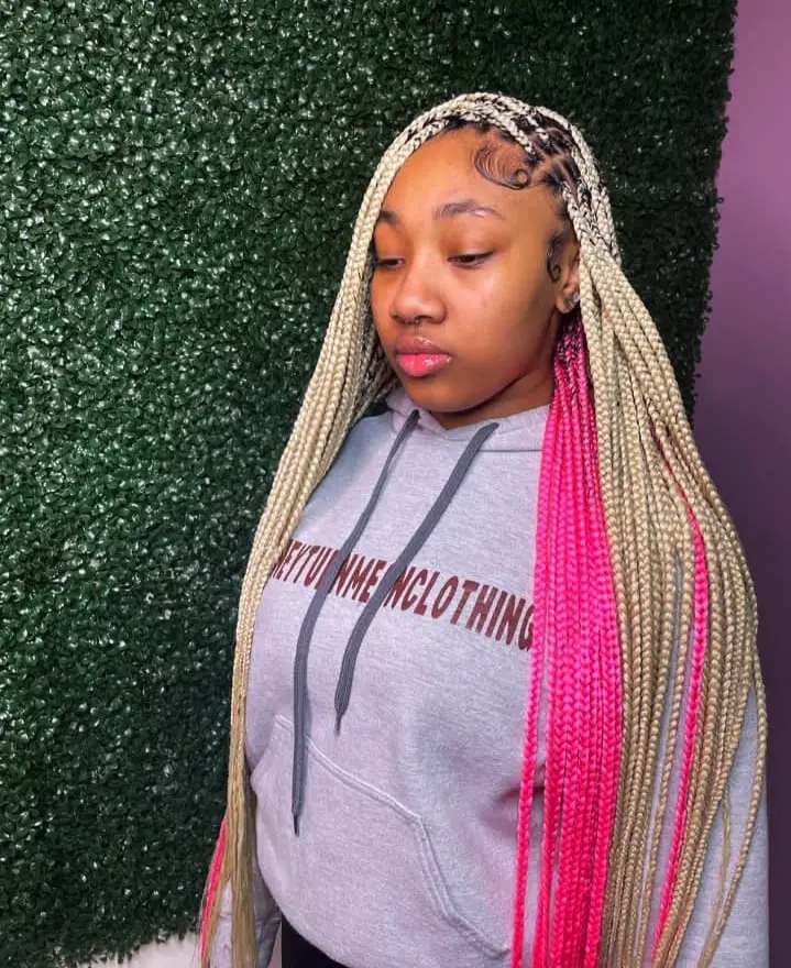 Mid-Back Box Braids In Blonde And Pink, Straight Mid-Back Box Braids In Blonde And Pink, Straight — Classy Pink Braids