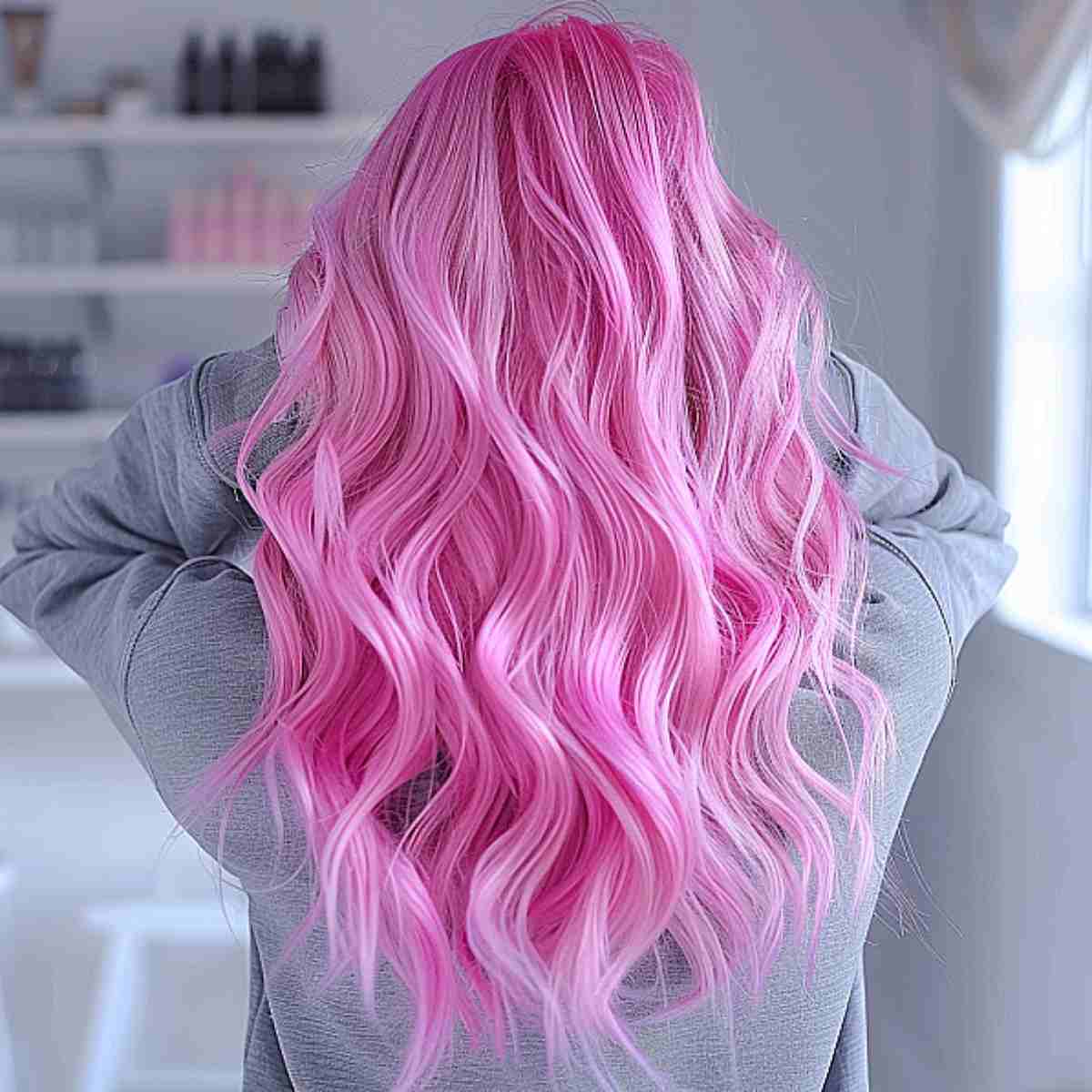 Mid Back Pastel Pink With Highlights, Wavy Mid Back Pastel Pink With Highlights, Wavy — Classy Pink Hair Color