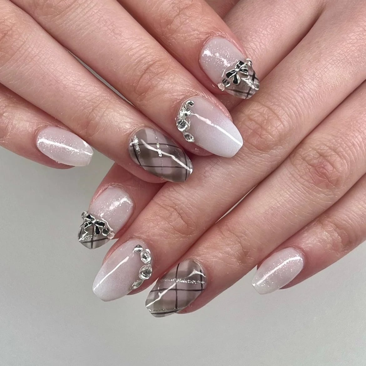 Plaid Accent with Rhinestones Medium Oval — Classy Preppy Nails