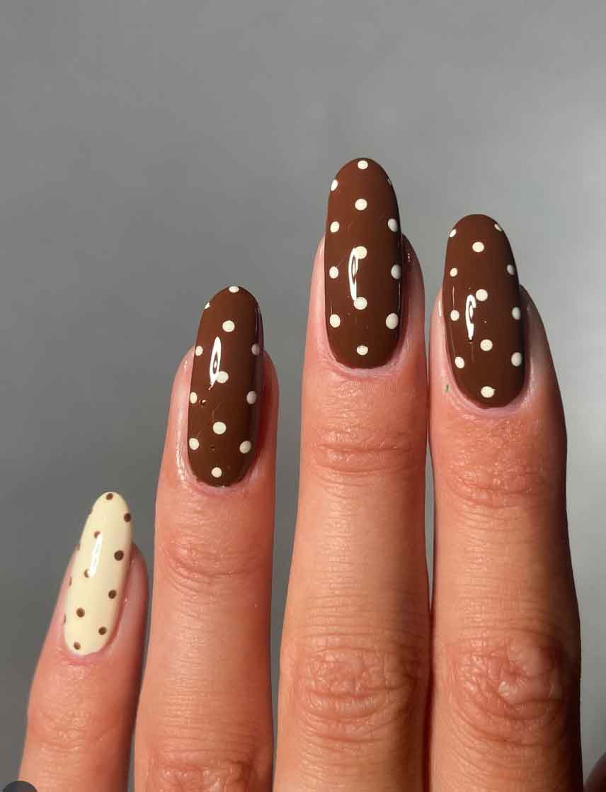 Brown Polka Dots Medium Oval Nails — Classy Preppy Nails