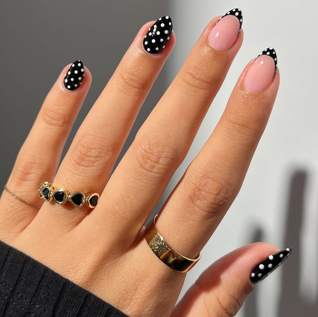 Black French Tips White Polka Dot Almond — Classy Preppy Nails