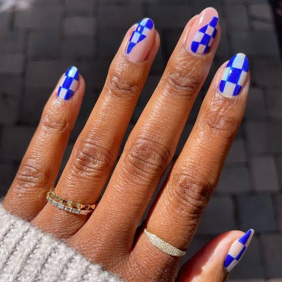 Blue White Checkerboard Medium Almond — Classy Preppy Nails