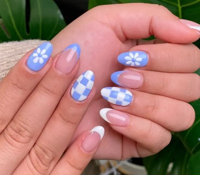 Blue Checkerboard Floral Short Oval Almond — Classy Preppy Nails