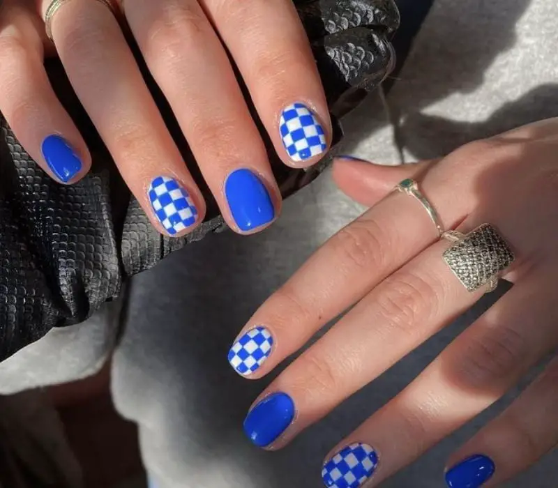 Royal Blue Checkerboard Short Square — Classy Preppy Nails
