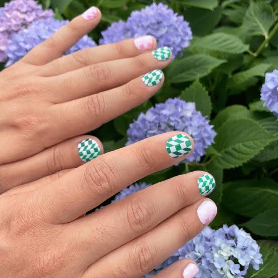 Green Checkered Pink Marble Medium Oval — Classy Preppy Nails