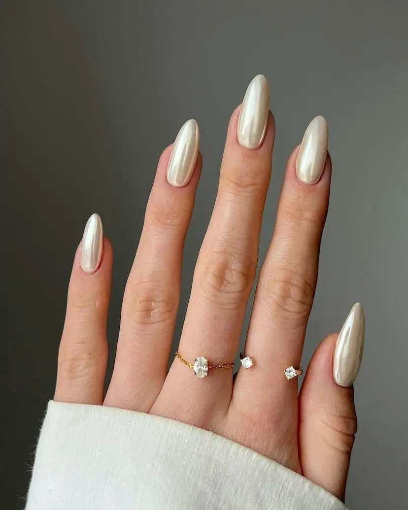 Pearlescent Soft White Almond Nails — Classy Preppy Nails