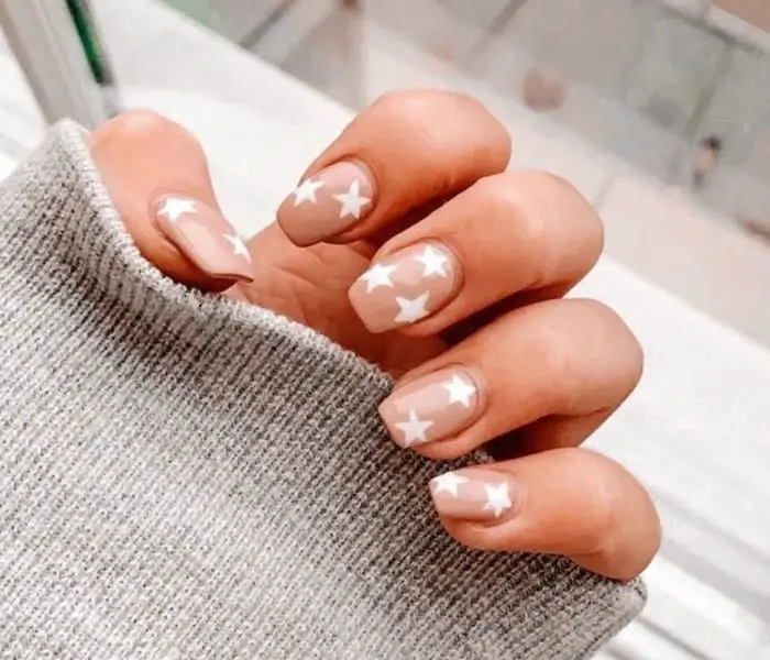 Nude White Star Decals Short Square — Classy Preppy Nails