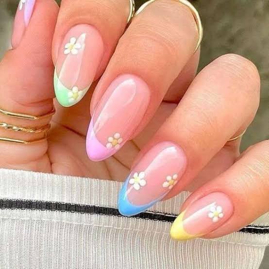 Pastel Color French Tips Floral Accent Oval — Classy Preppy Nails