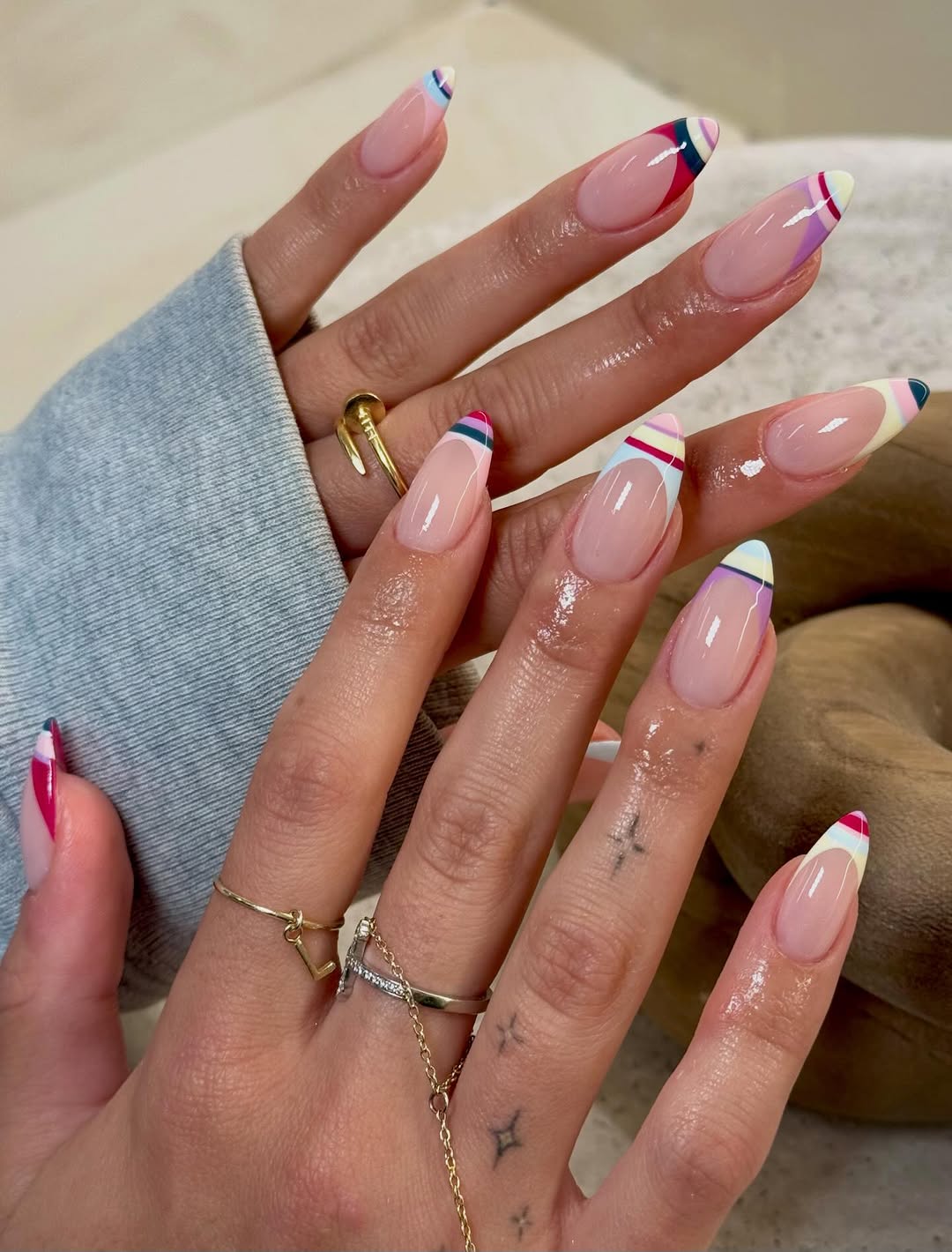 Abstract Stripe Colorful French Long Almond — Classy Preppy Nails