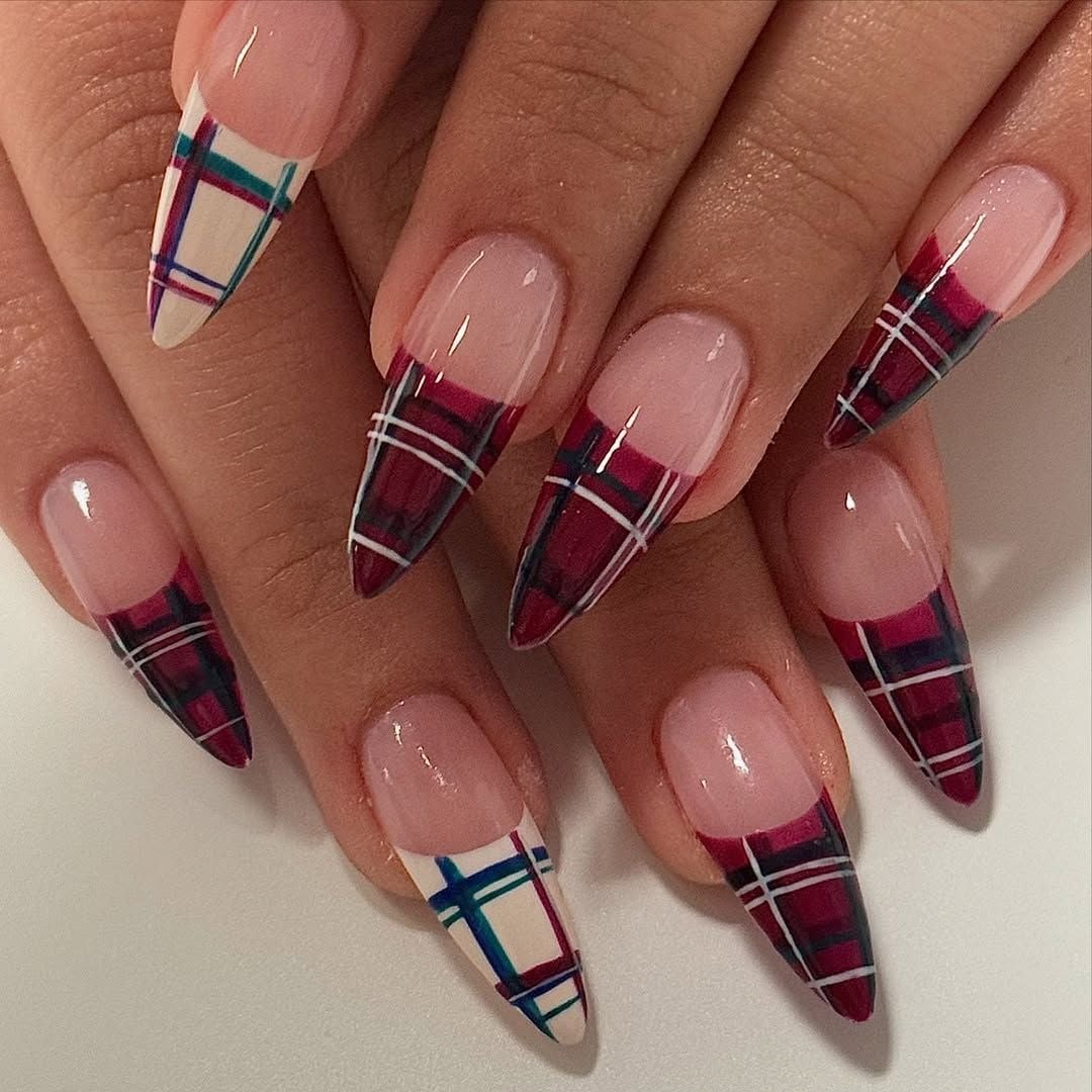 Plaid French Tips Long Almond Nails — Classy Preppy Nails