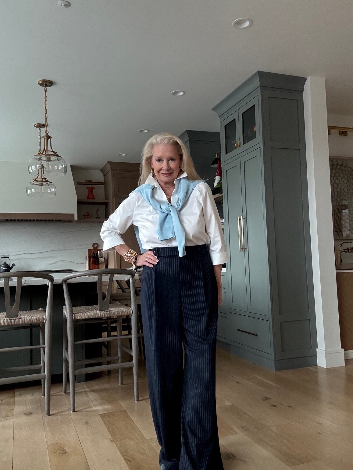 Satin Button-Down With Pinstripe Trousers Satin Button-Down With Pinstripe Trousers — Classy Preppy Outfits