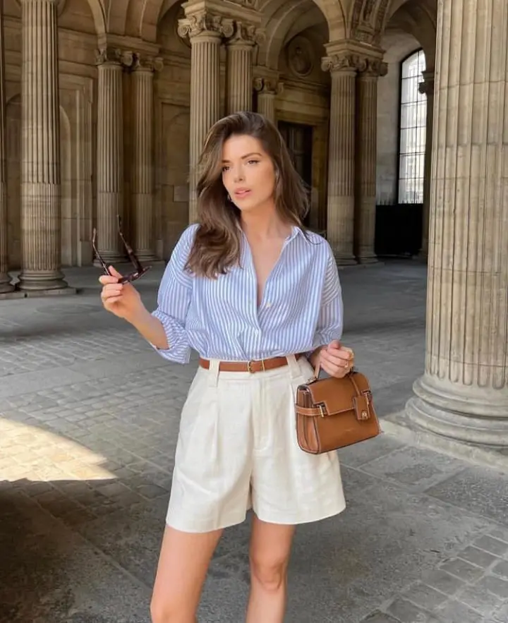 Striped Shirt With Linen Blend Tailored Shorts Striped Shirt With Linen Blend Tailored Shorts — Classy Preppy Outfits