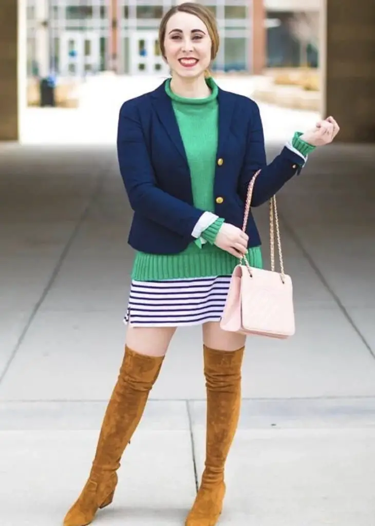 Navy Blazer Over Turtleneck With Striped Mini Skirt Navy Blazer Over Turtleneck With Striped Mini Skirt — Classy Preppy Outfits