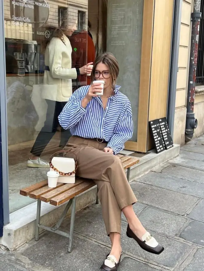 Striped Button-Down With Tailored Trousers Striped Button-Down With Tailored Trousers — Classy Preppy Outfits