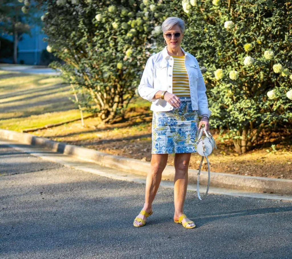 Denim Jacket and Patterned Skirt Casual Daytime Wear, Close-Up Take Classy Preppy Style