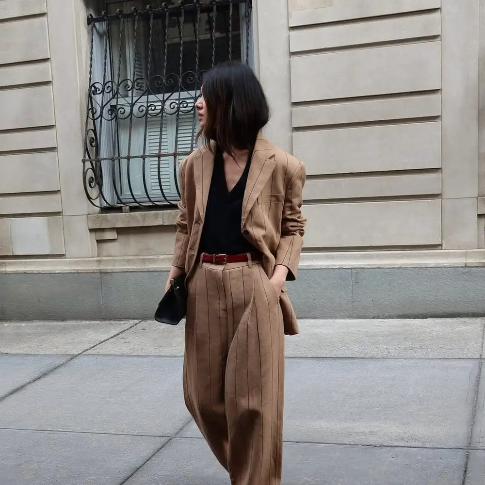 Tan Pinstripe Blazer with Black V-Neck Top and Red Belt Tan Pinstripe Blazer with Black V-Neck Top and Red Belt — Classy Professional Outfits