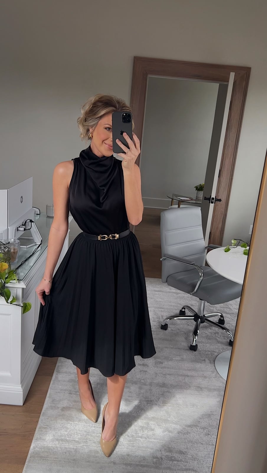 Black Cowl Neck Top with Pleated Midi Skirt and Gold Belt Black Cowl Neck Top with Pleated Midi Skirt and Gold Belt — Classy Professional Outfits