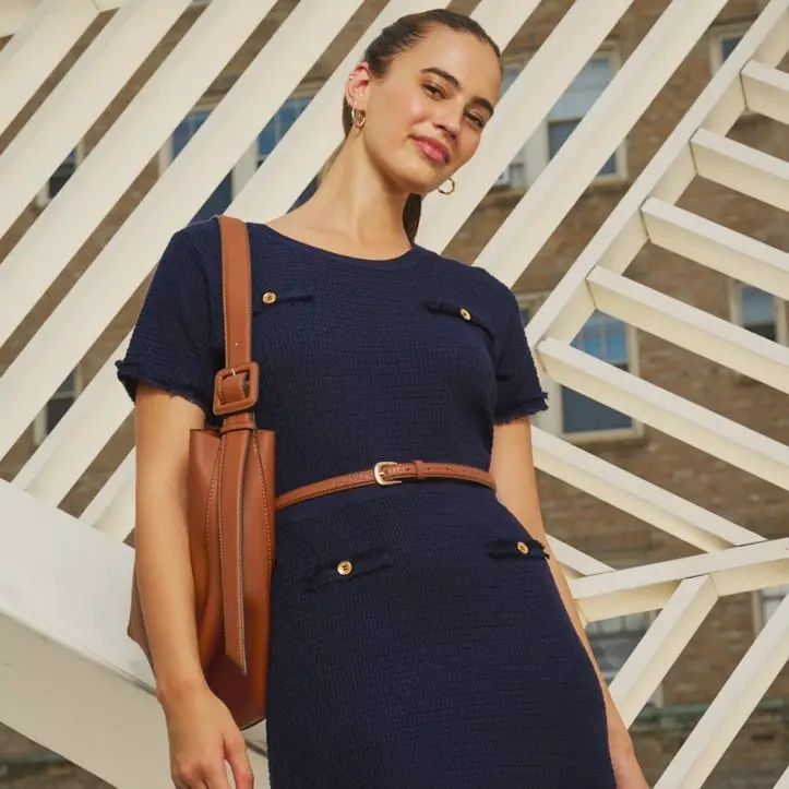 Navy Textured Knit Dress with Brown Belt and Bag Navy Textured Knit Dress with Brown Belt and Bag — Classy Professional Outfits