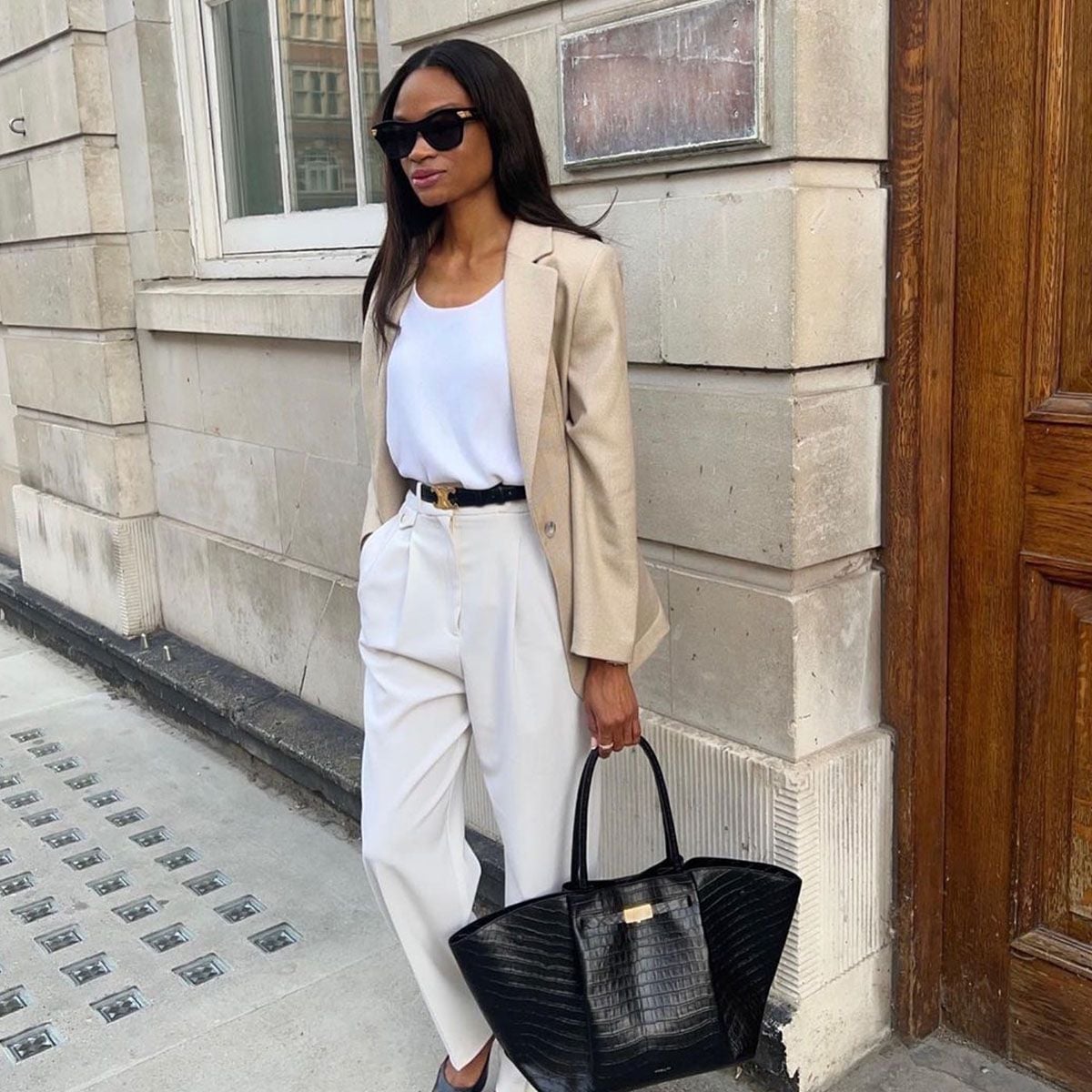 Beige Blazer with White Tank and Relaxed Trousers Beige Blazer with White Tank and Relaxed Trousers — Classy Professional Outfits