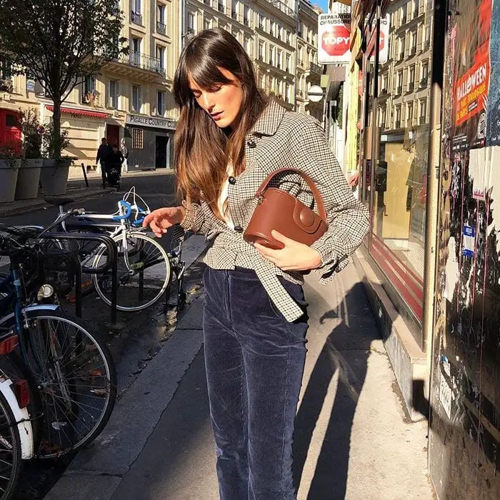 Checked Blazer with Tie Belt Over White Top and Corduroy Trousers Checked Blazer with Tie Belt Over White Top and Corduroy Trousers — Classy Professional Outfits