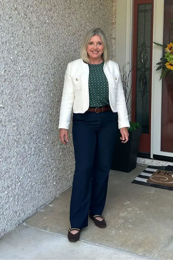 White Tweed Jacket with Gold Buttons Over Green Blouse and Navy White Tweed Jacket with Gold Buttons Over Green Blouse and Navy — Classy Professional Outfits