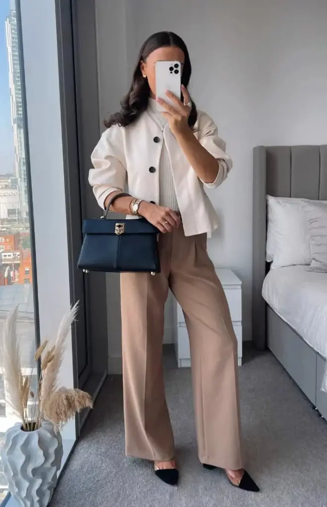 Cream Jacket with Cream Turtleneck and Beige Wide-Leg Trousers Cream Jacket with Cream Turtleneck and Beige Wide-Leg Trousers — Classy Professional Outfits